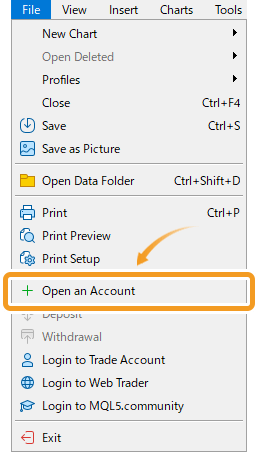 Open a demo account from the file menu on MT5