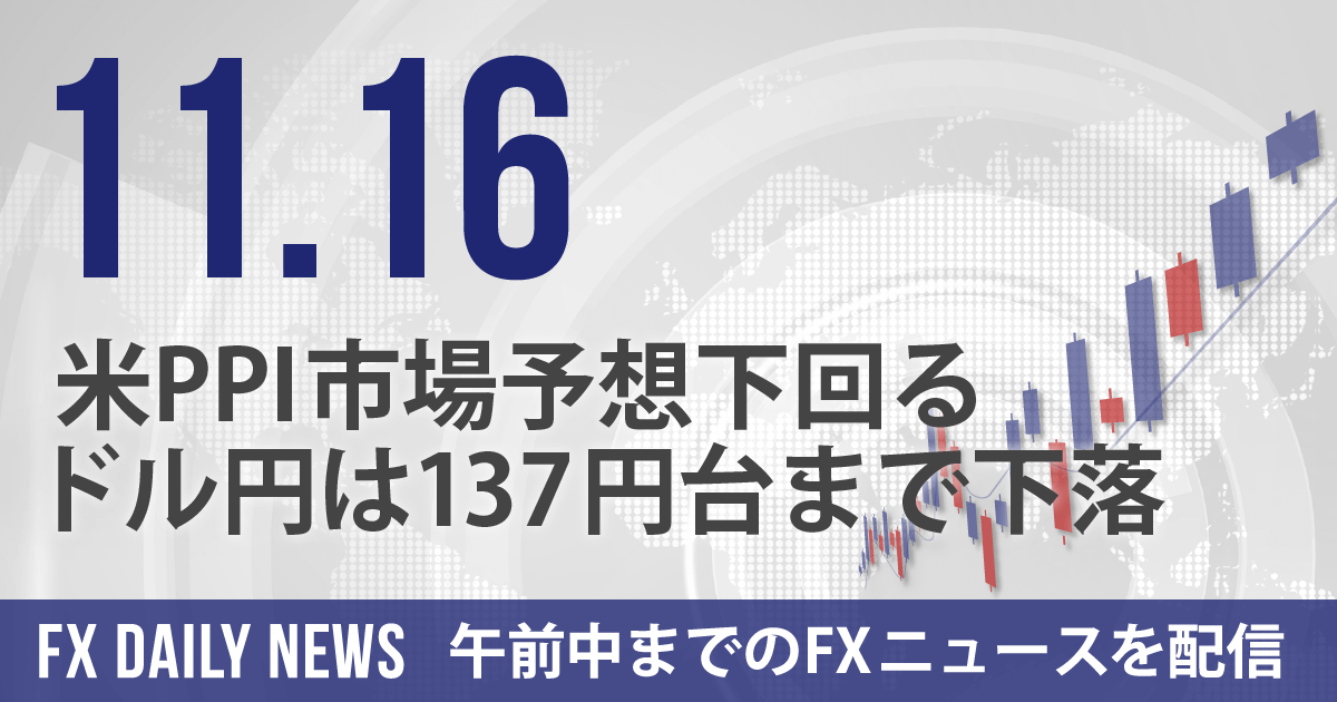 米PPI市場予想下回る、ドル円は137円台まで下落