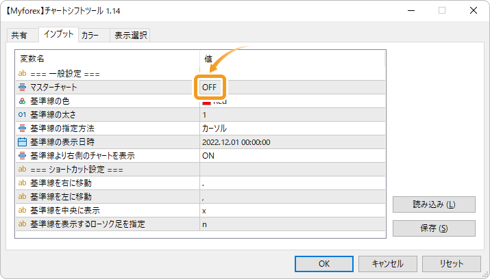 マスターチャート項目をOFFに