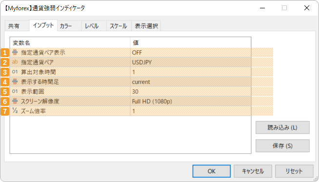 各パラメータの設定項目