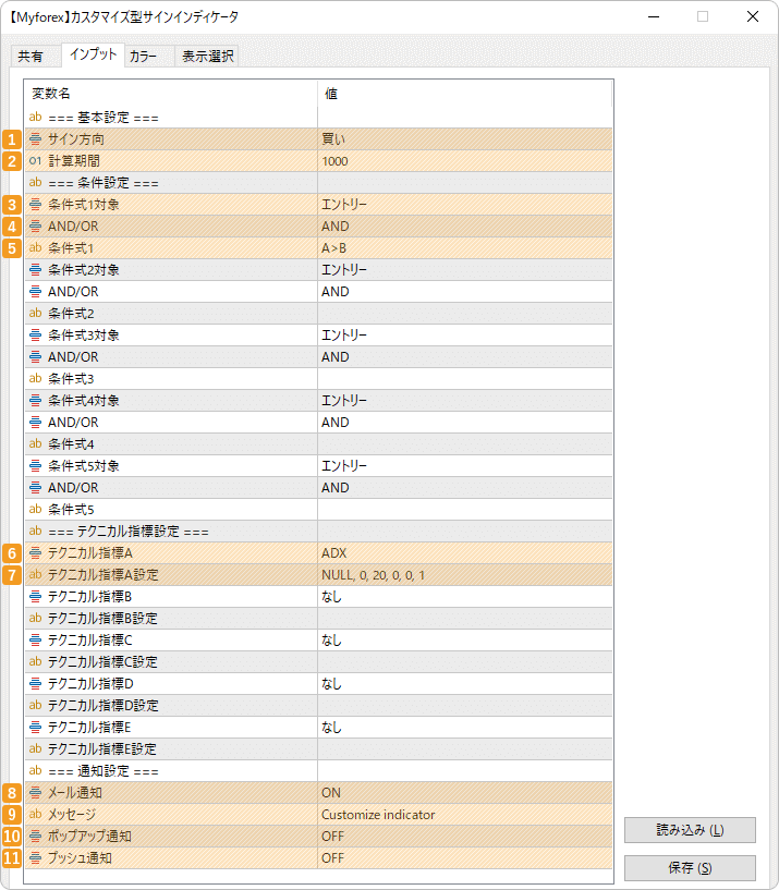 最大逆行幅・最大順行幅インディケータのインプット画面