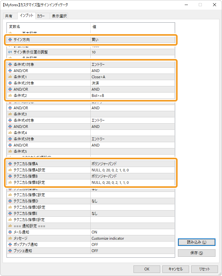 ボリンジャーバンドのサンプルパラメータ