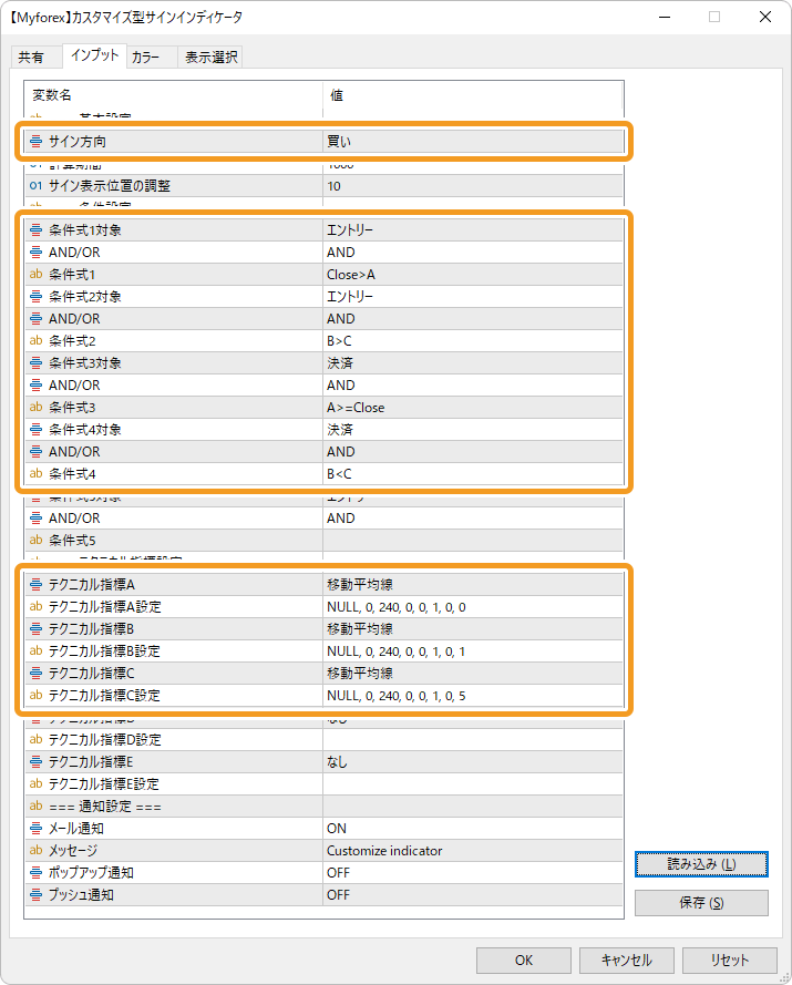 移動平均線のサンプルパラメータ