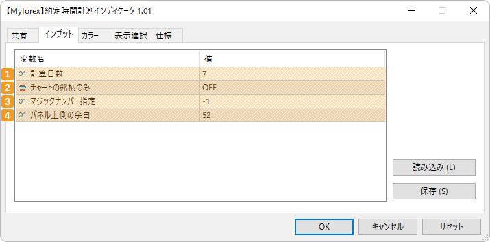 チャートシフトツールの設定項目