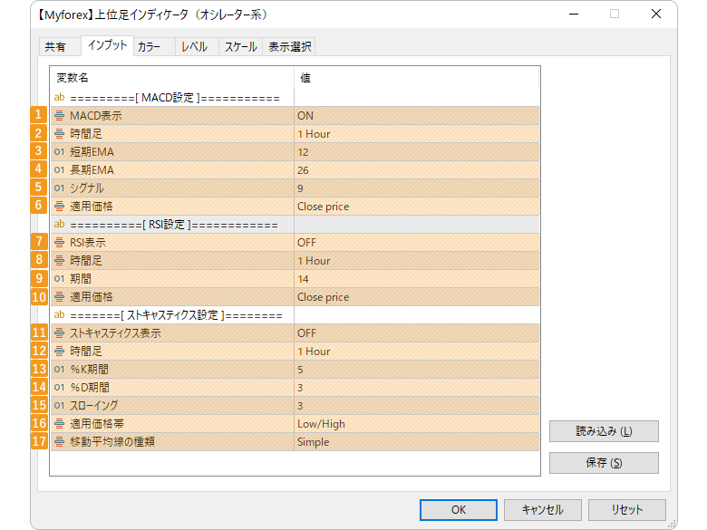 各パラメータの設定項目