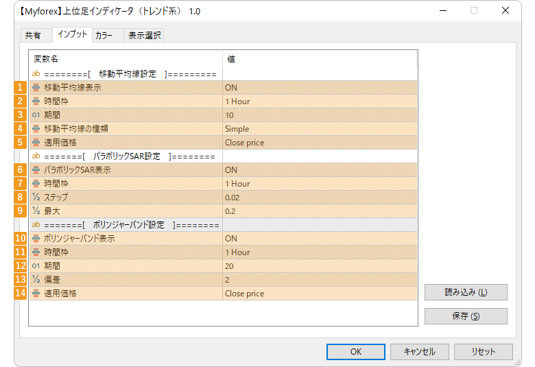 各パラメータの設定項目