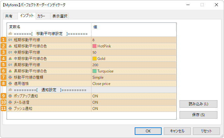 各パラメータの設定項目