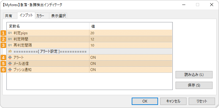 各パラメータの設定項目
