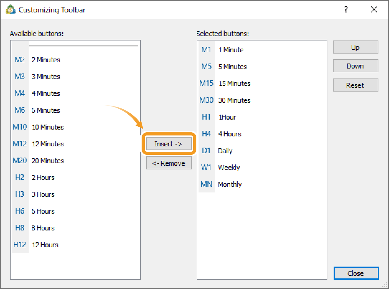 To add a timeframe to the toolbar