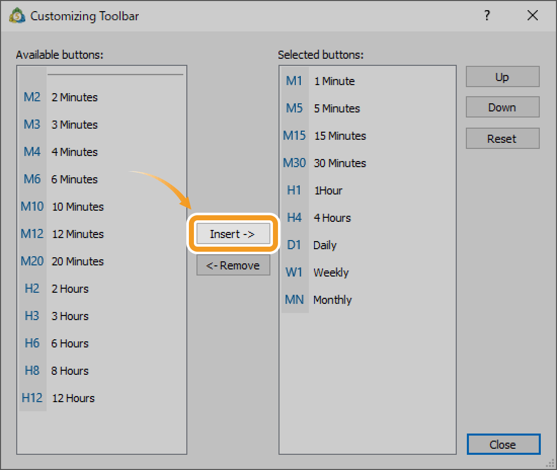 To add a timeframe to the toolbar