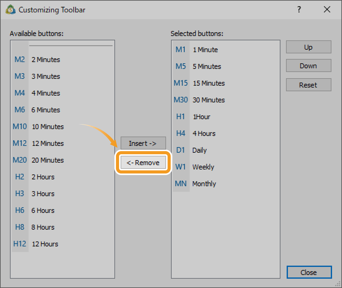 To remove a timeframe from the toolbar