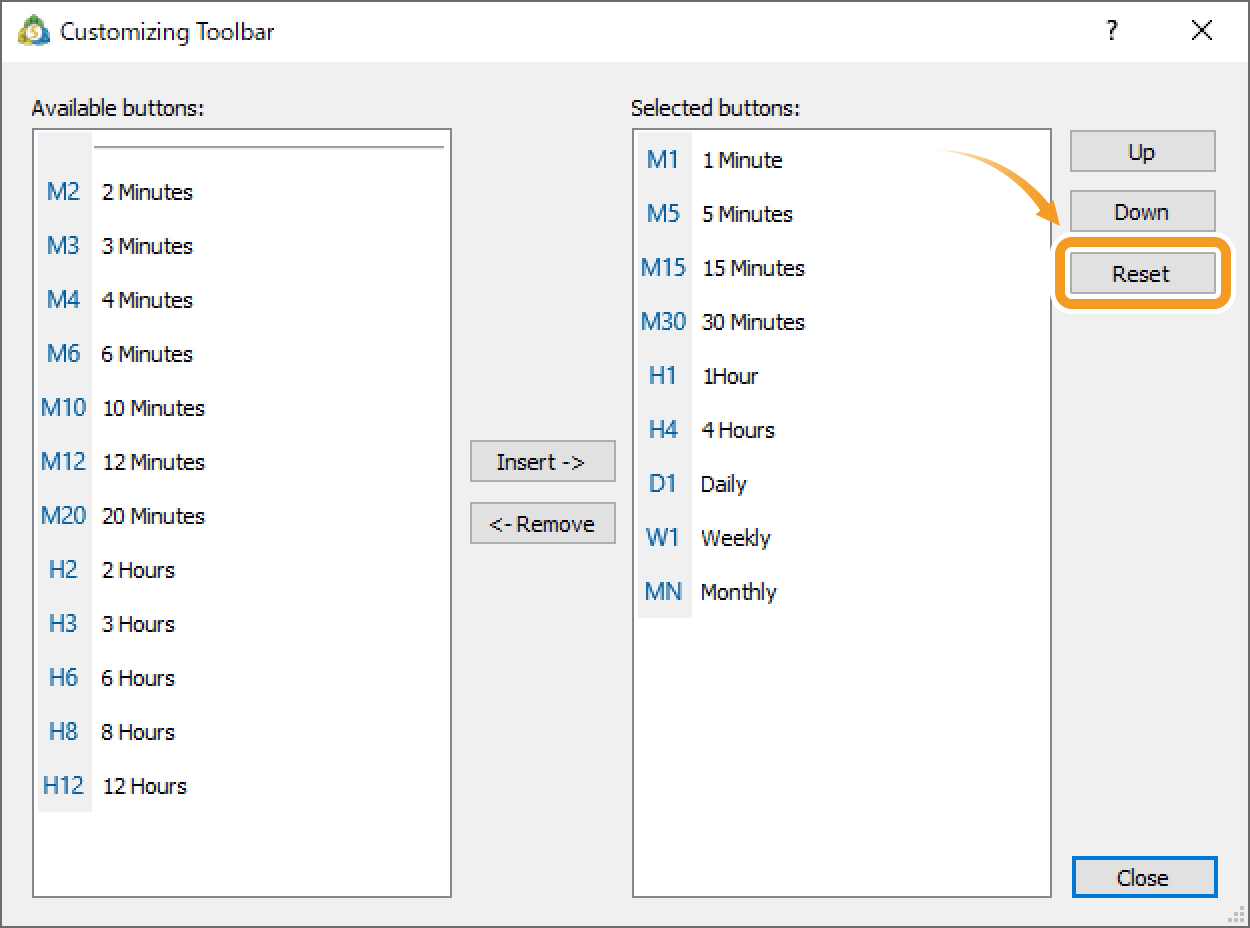 To reset the toolbars to default settings