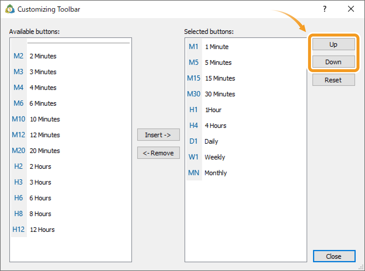 To rearrange the display order of the timeframes