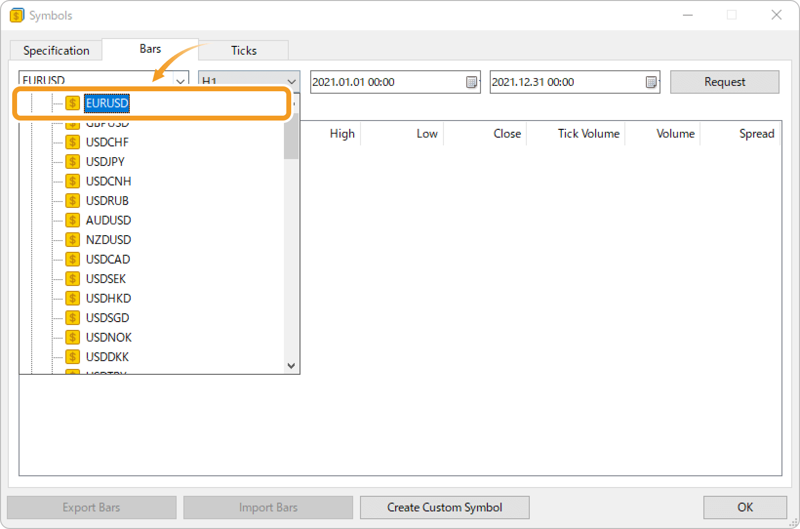 Choose a historical data to import