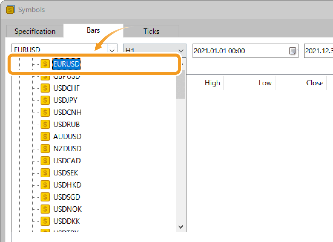 Choose a historical data to import