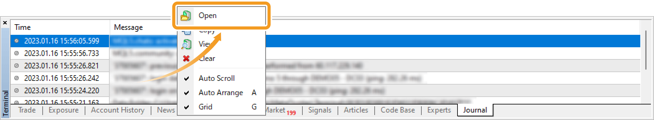 Right-click in the Journal tab and select Open
