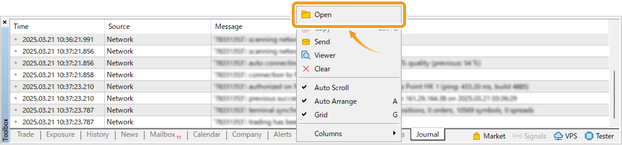 Right-click in the Journal tab and select Open