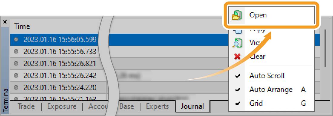 Right-click in the Journal tab and select Open