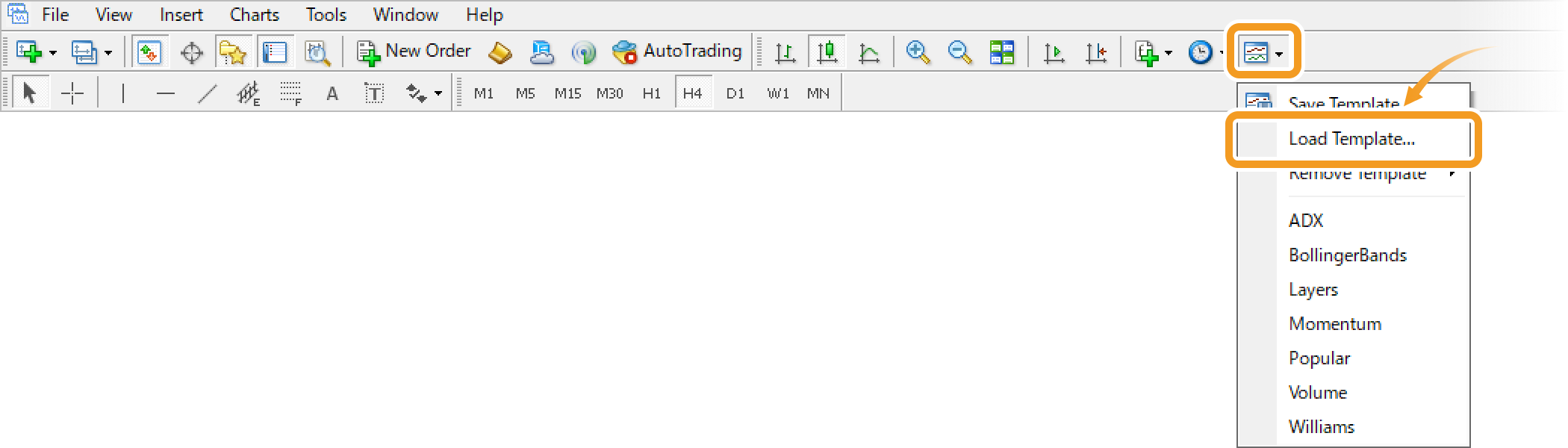 Load a template from the toolbar