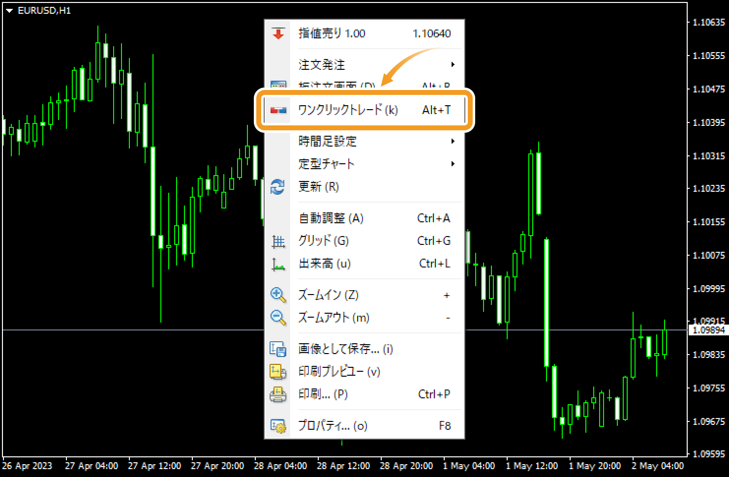 チャート上でメニューを開き「ワンクリックトレード」をクリック