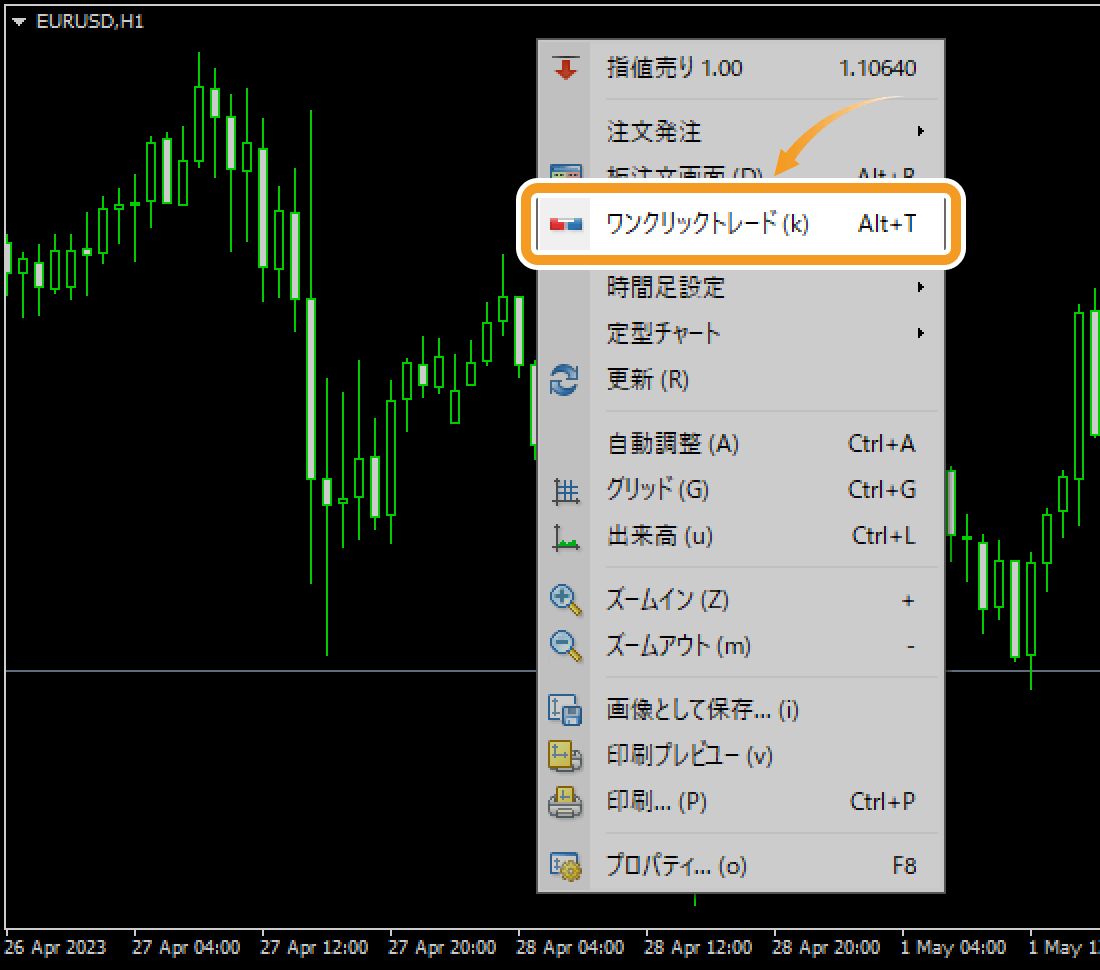 チャート上でメニューを開き「ワンクリックトレード」をクリック
