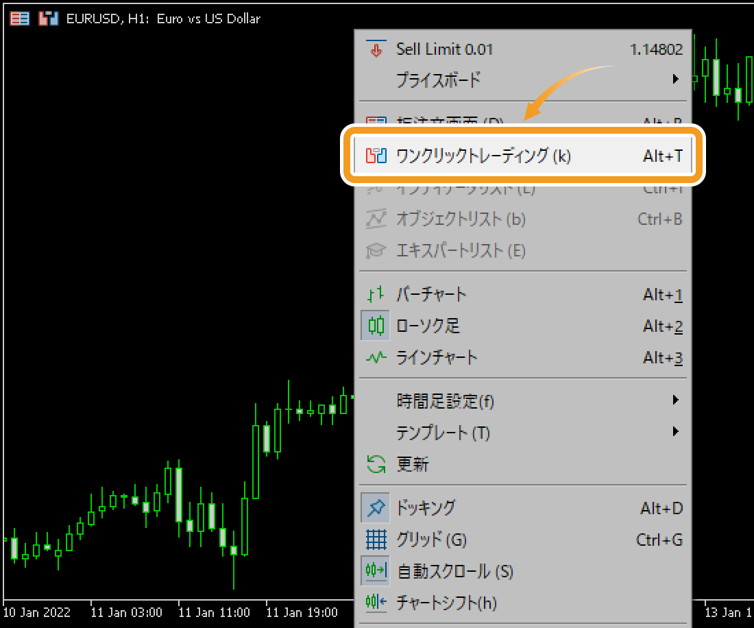 チャート上で右クリックし、メニュー一覧から「ワンクリックトレーディング」を選択