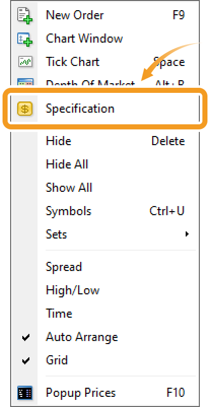 Context menu on the Market Watch