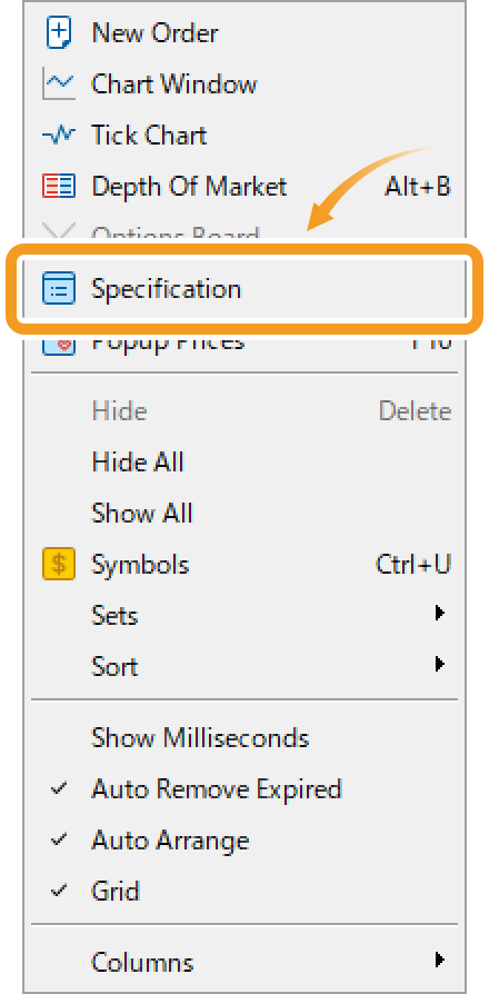 Select Specification in the context menu