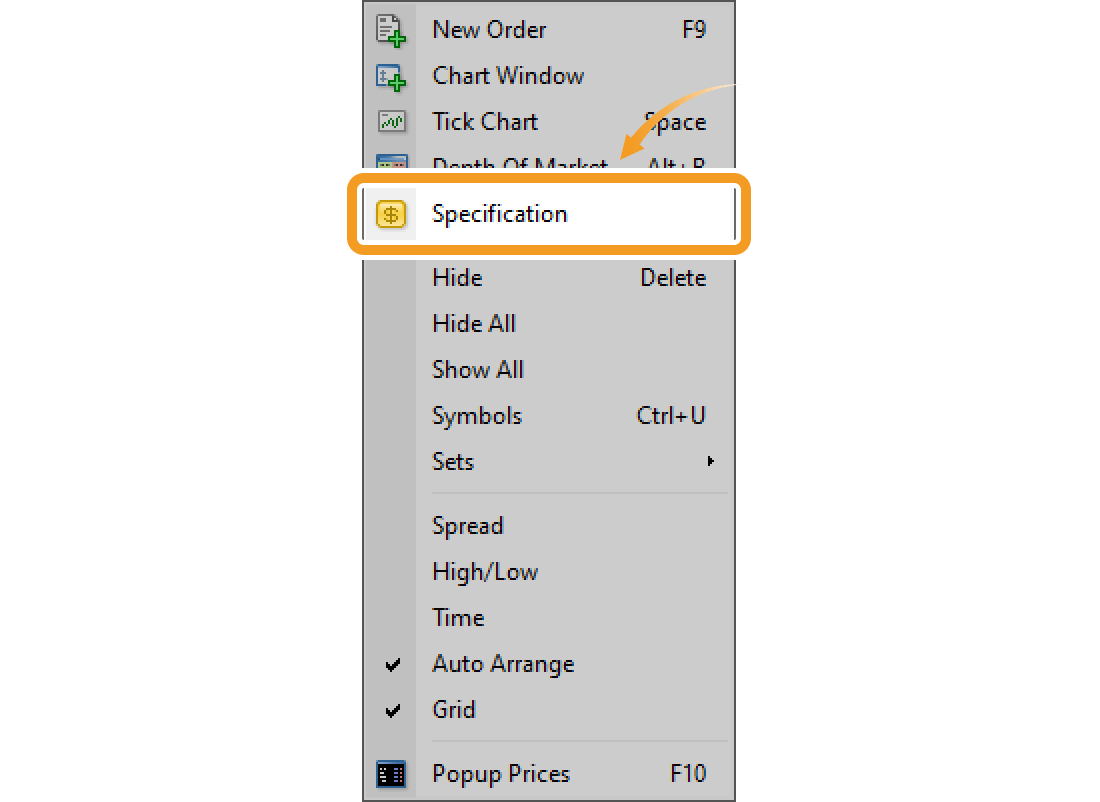 Context menu on the Market Watch