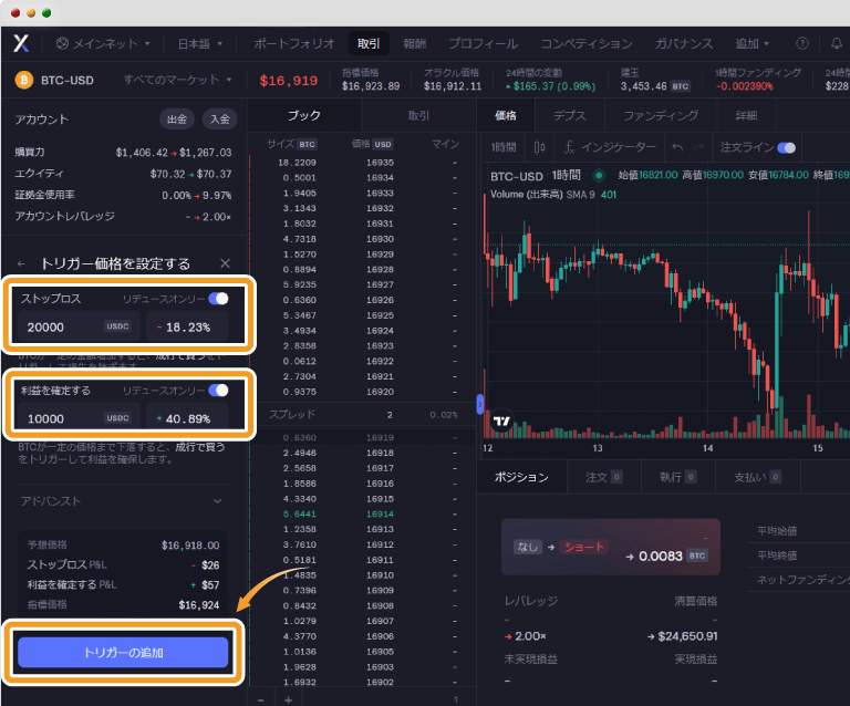 dYdXのBTC-USD取引で成行注文時にトリガーを指定