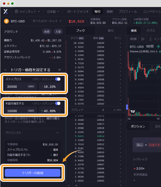 dYdXのBTC-USD取引で成行注文時にトリガーを指定