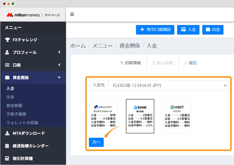 miltonmarkets入金方法選択