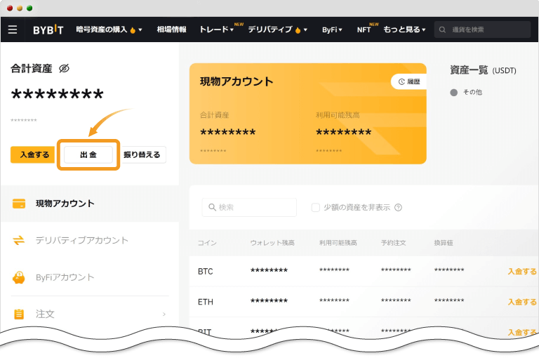 Bybitの現物アカウント画面
