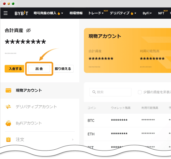 Bybitの現物アカウント画面