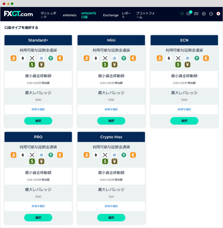 FXGTの口座タイプ選択