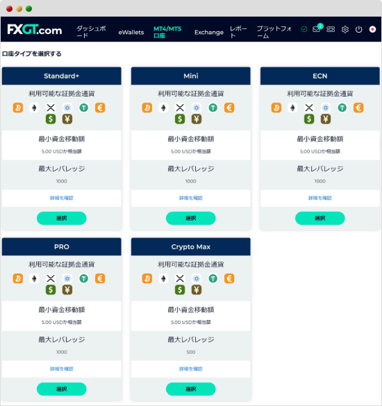 FXGTの口座タイプ選択