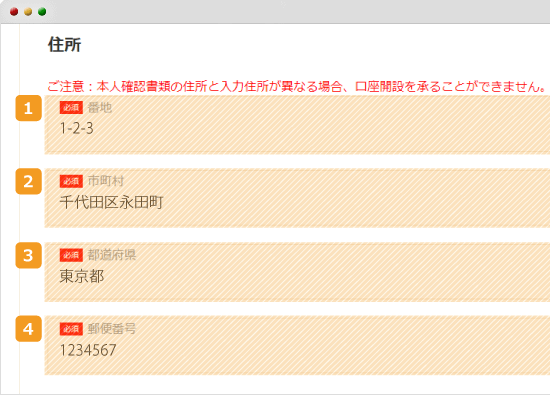 口座開設質問票　住所記入