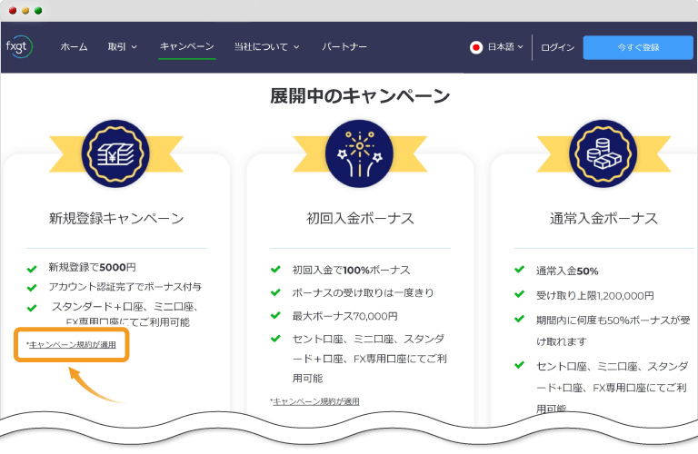 FXGT口座開設ページ