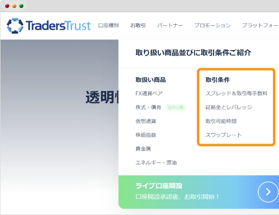 銘柄ごとの取引条件ページ