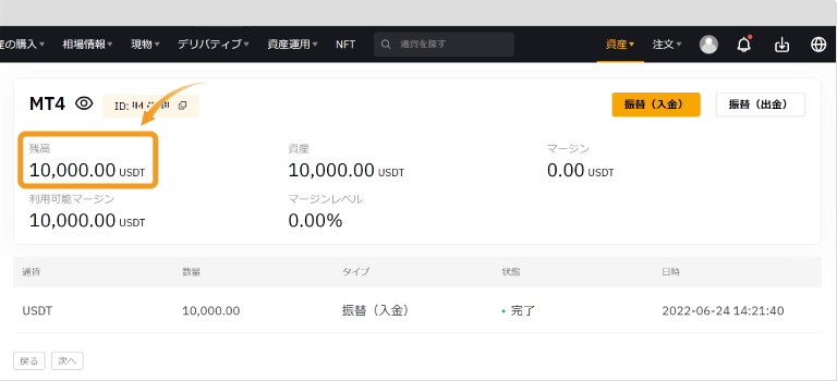 入金後のMT4アカウント画面