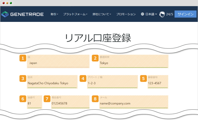 GeneTradeのリアル口座登録画面