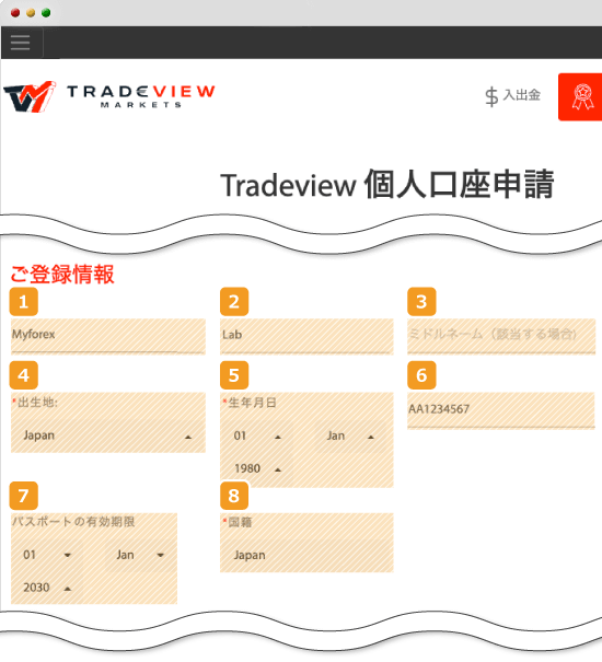 Tradeview・個人口座申請画面