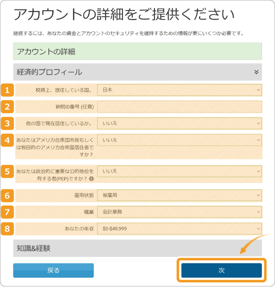 easyMarkets経済的プロフィール入力画面