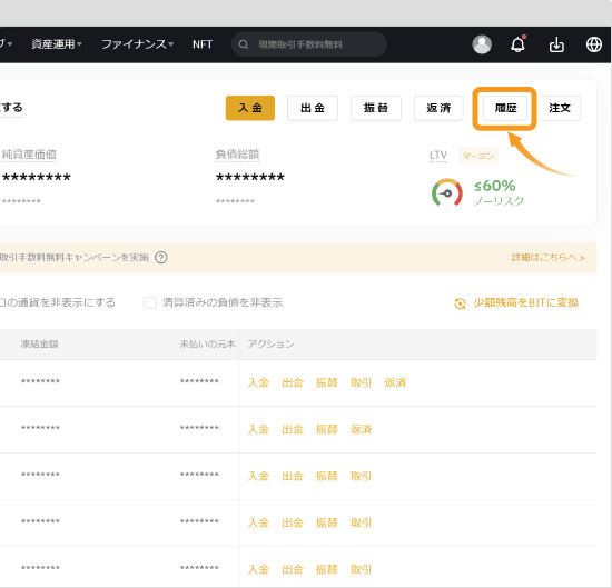 Bybitの現物アカウント画面