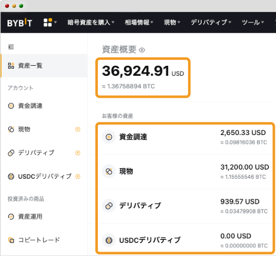 Bybitの資産概要画面