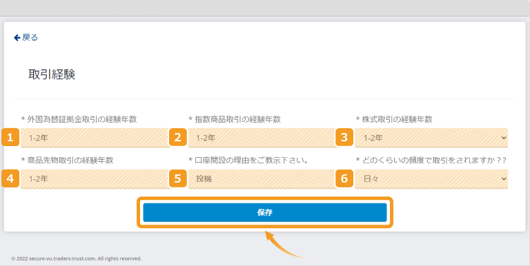 Traders Trust・取引経験入力画面