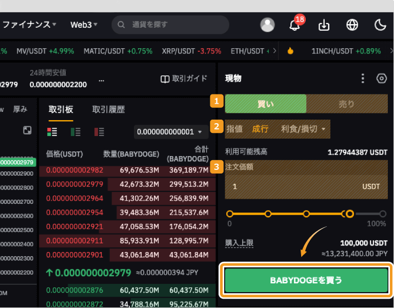 Bybitで成行でBabyDogeを購入する方法