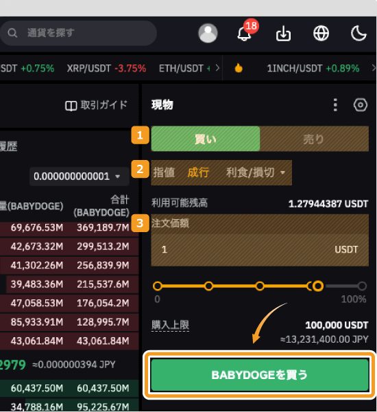 Bybitで成行でBabyDogeを購入する方法
