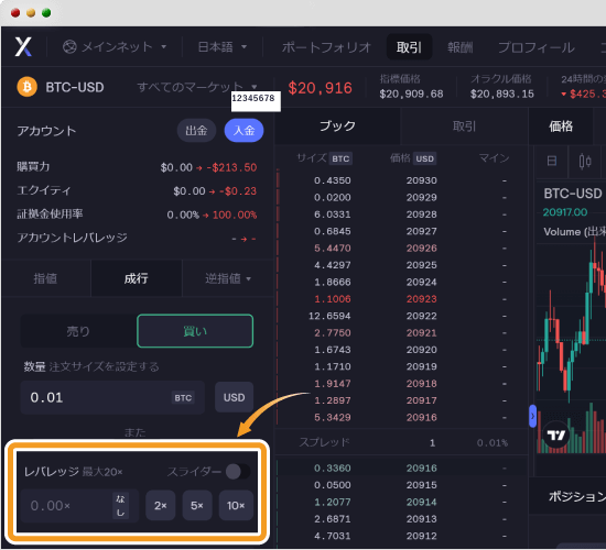 dYdXでの成り行き注文時のレバレッジ調整