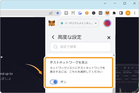 MetaMaskの高度な設定メニュー
